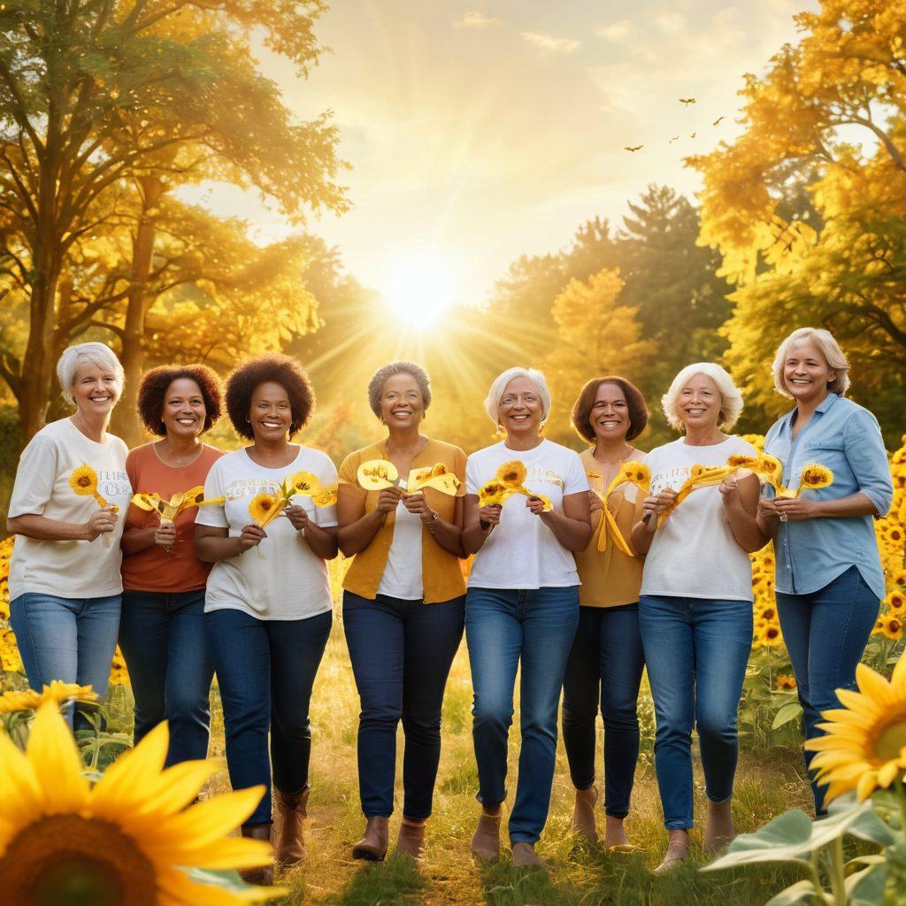 A warm, uplifting scene featuring a diverse group of cancer survivors celebrating together, holding symbolic courage ribbons. A backdrop of bright sunflowers representing hope and resilience, with soft sunlight filtering through trees. Include empowering words like 'Strength' and 'Survivorship' written in a whimsical font in the sky. The atmosphere should be positive and vibrant. super-realistic. vibrant colors. natural setting.