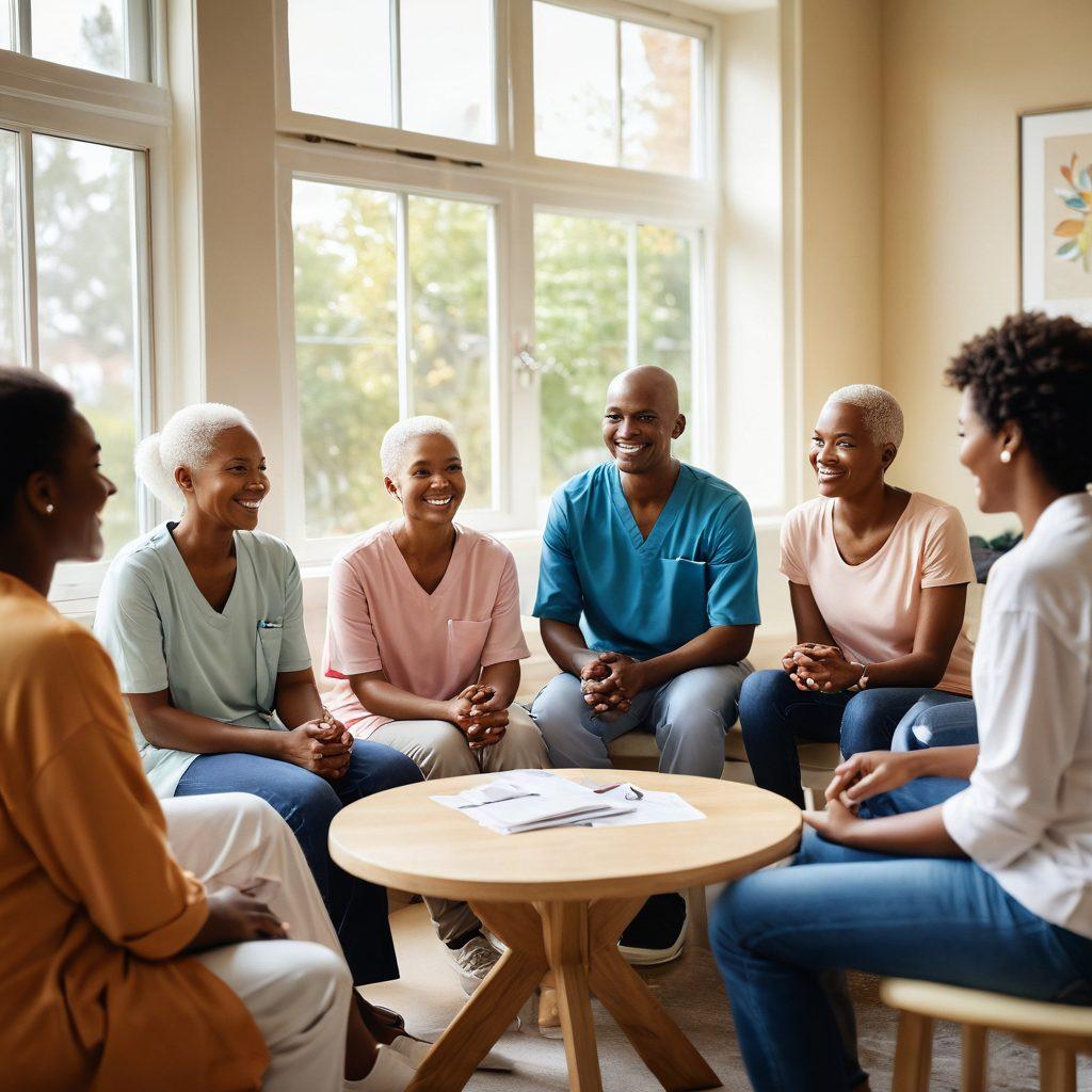 A warm and inviting scene showcasing a diverse group of cancer patients in a support group, sitting in a circle with smiles and expressions of hope. Incorporate soft, calming colors with sunlight streaming through a window, symbolizing positivity. Add subtle imagery of medical support materials like pamphlets and a laptop with supportive resources, blending both community and medical elements. super-realistic. vibrant colors. warm tones.