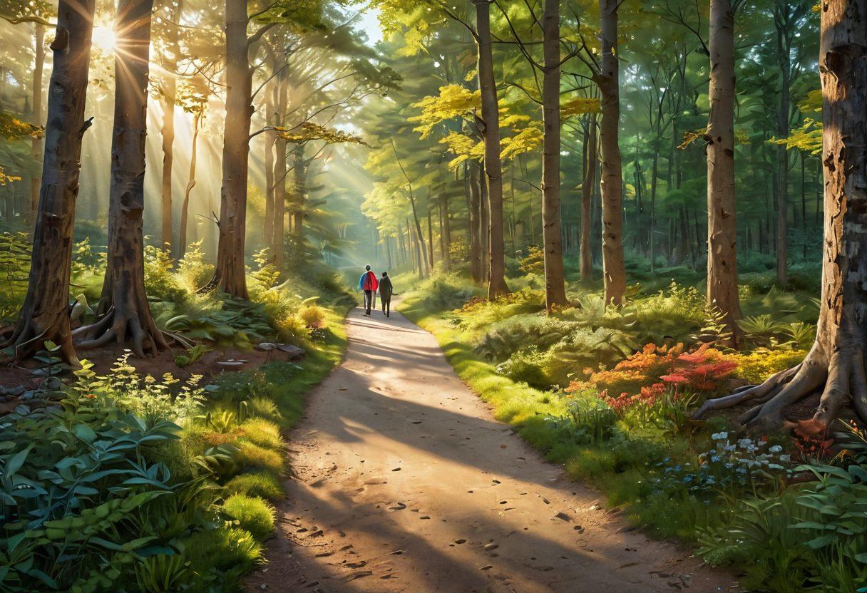 A serene path winding through a vibrant forest, symbolizing the journey of patients and caregivers, with diverse individuals walking together, sharing resources; sunlight filtering through the trees, casting warm light on open books and medical tools dotted along the path, representing knowledge and support. super-realistic. vibrant colors. natural setting.